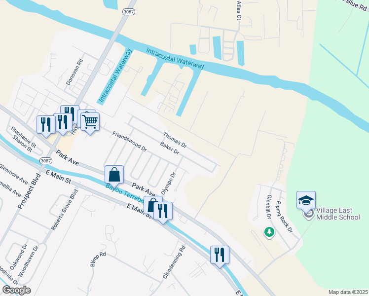 map of restaurants, bars, coffee shops, grocery stores, and more near 3718 Thomas Drive in Houma
