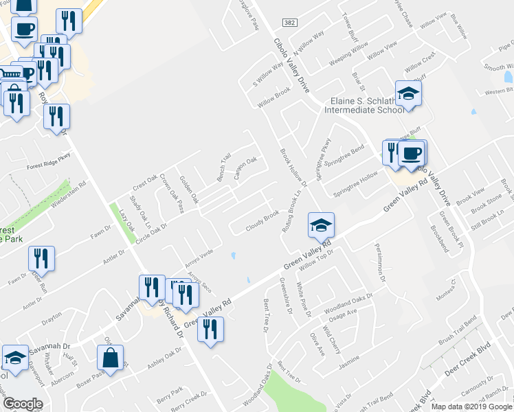 map of restaurants, bars, coffee shops, grocery stores, and more near 1647 Mountain Brook in Schertz