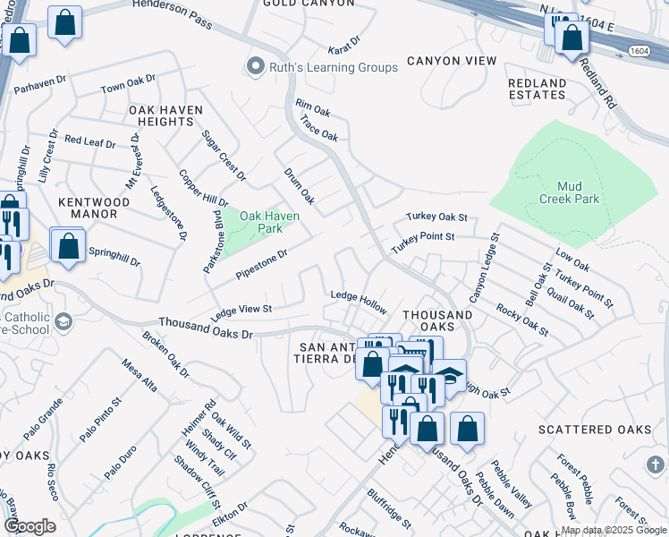 map of restaurants, bars, coffee shops, grocery stores, and more near 16411 Ledge Trail in San Antonio