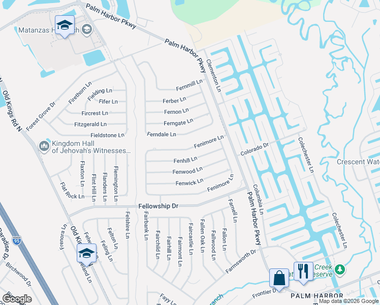 map of restaurants, bars, coffee shops, grocery stores, and more near 19 Fenhill Lane in Palm Coast