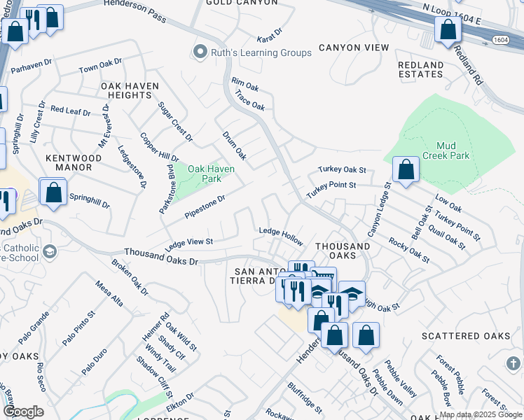 map of restaurants, bars, coffee shops, grocery stores, and more near 16411 Ledge Trail in San Antonio