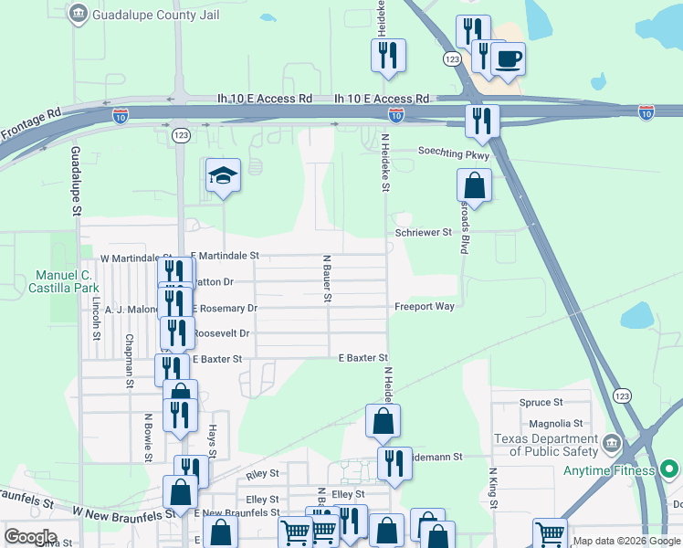 map of restaurants, bars, coffee shops, grocery stores, and more near 711 Patton Drive in Seguin