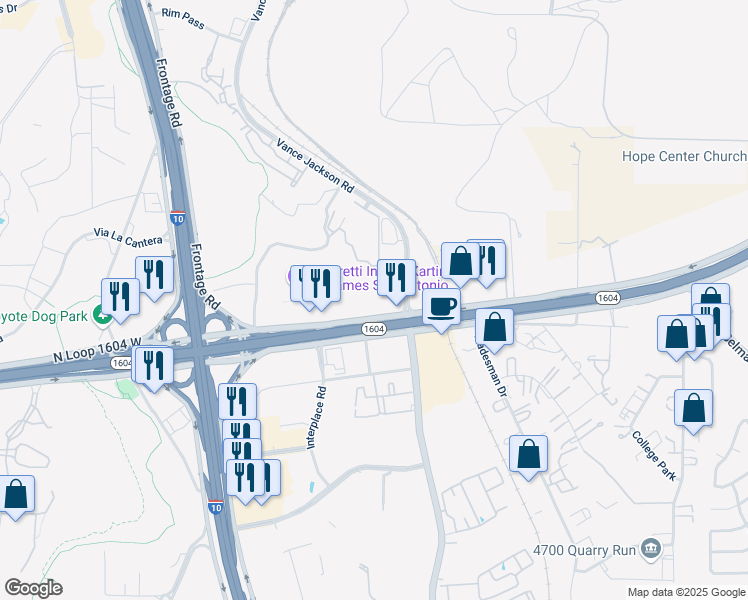 map of restaurants, bars, coffee shops, grocery stores, and more near 5330 North Loop 1604 East in San Antonio