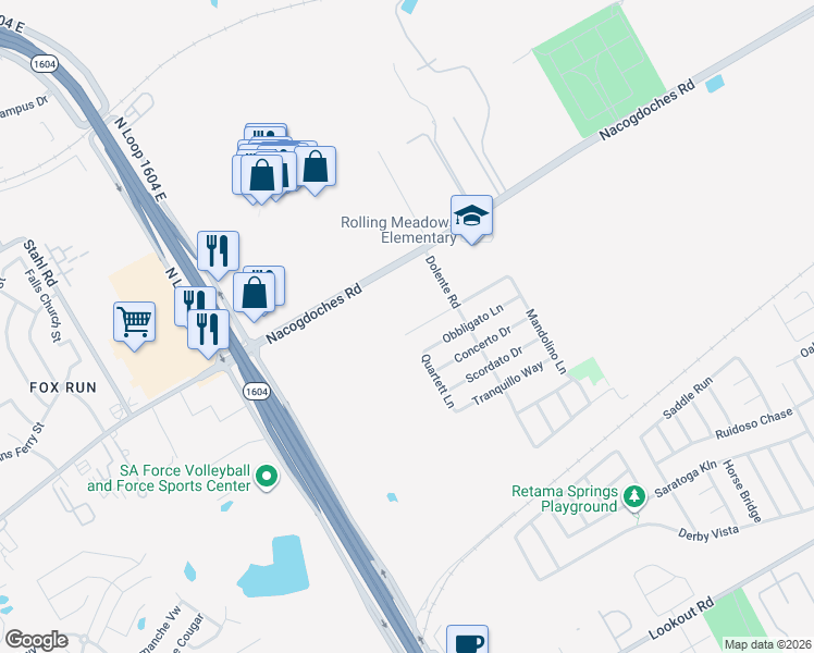 map of restaurants, bars, coffee shops, grocery stores, and more near 7311 Tamburo Trail in San Antonio