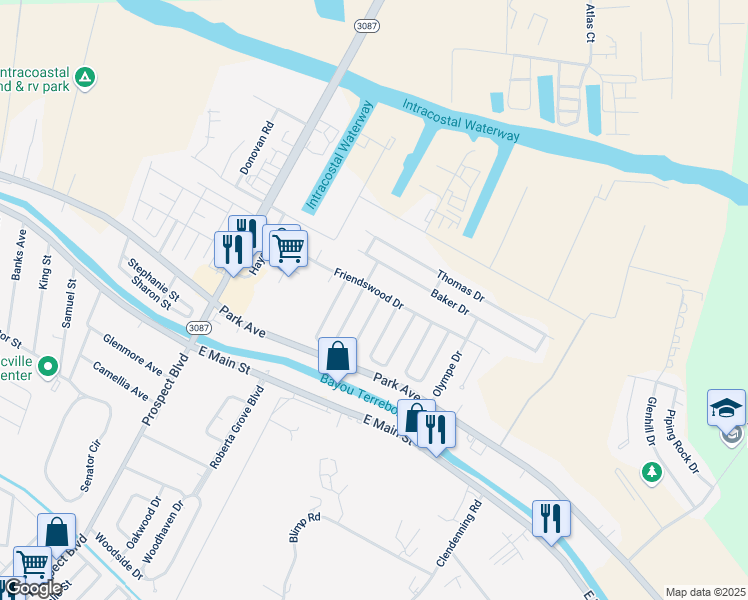 map of restaurants, bars, coffee shops, grocery stores, and more near 3607 Friendswood Drive in Houma