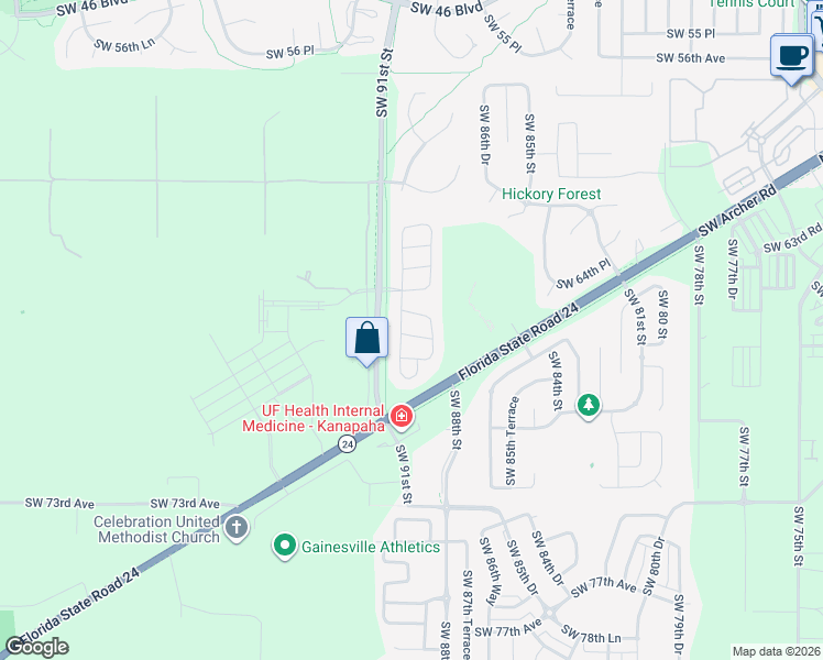 map of restaurants, bars, coffee shops, grocery stores, and more near 6562 Southwest 90th Street in Gainesville