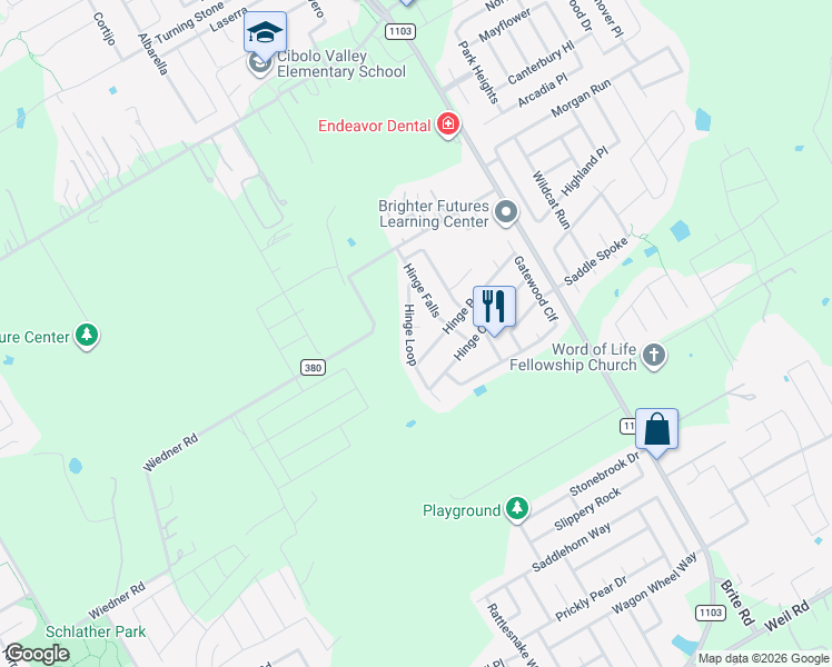 map of restaurants, bars, coffee shops, grocery stores, and more near 201 Hinge Gate in Cibolo