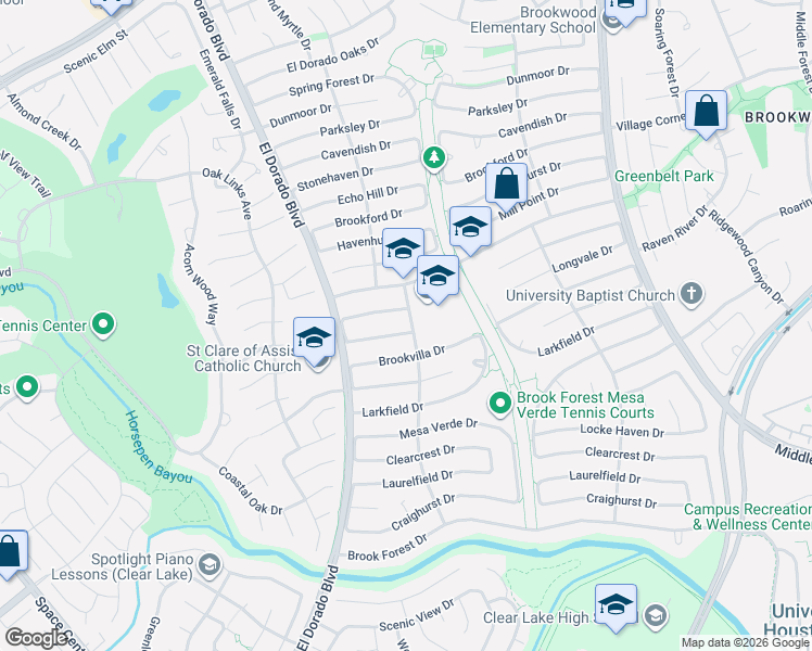 map of restaurants, bars, coffee shops, grocery stores, and more near 16000 Hickory Knoll Drive in Houston