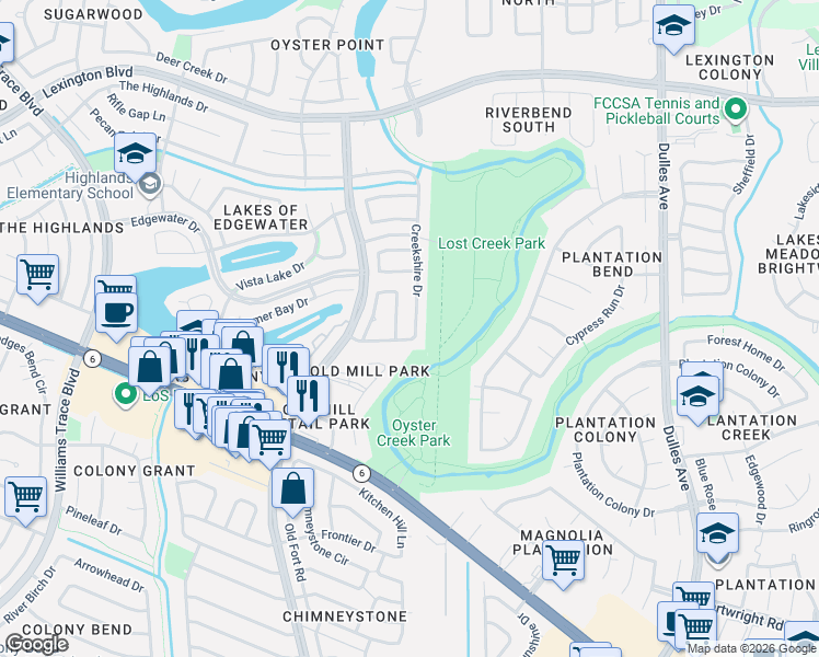 map of restaurants, bars, coffee shops, grocery stores, and more near 2026 Creekshire Drive in Sugar Land