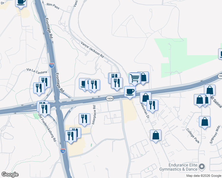 map of restaurants, bars, coffee shops, grocery stores, and more near 5321 North Loop 1604 West in San Antonio