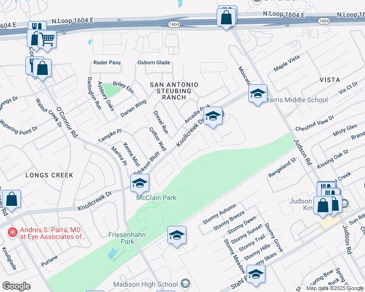 map of restaurants, bars, coffee shops, grocery stores, and more near 15851 Manes Grove in San Antonio
