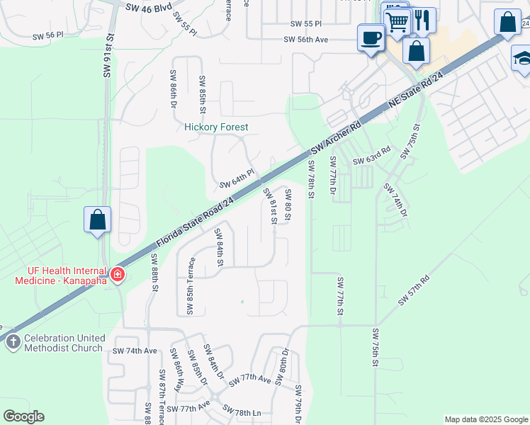 map of restaurants, bars, coffee shops, grocery stores, and more near 6613 Southwest 81st Terrace in Gainesville