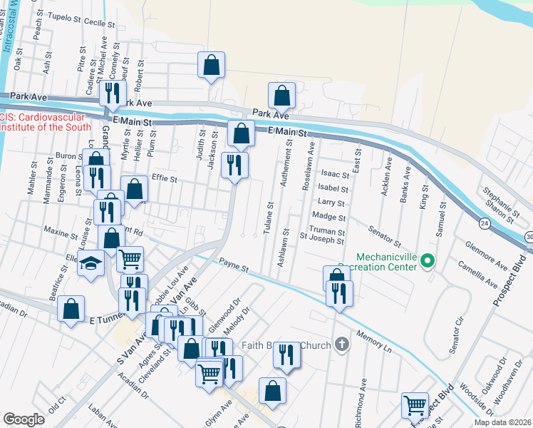 map of restaurants, bars, coffee shops, grocery stores, and more near 201-299 Cherbourg St in Houma