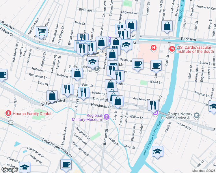 map of restaurants, bars, coffee shops, grocery stores, and more near 601-699 High St in Houma