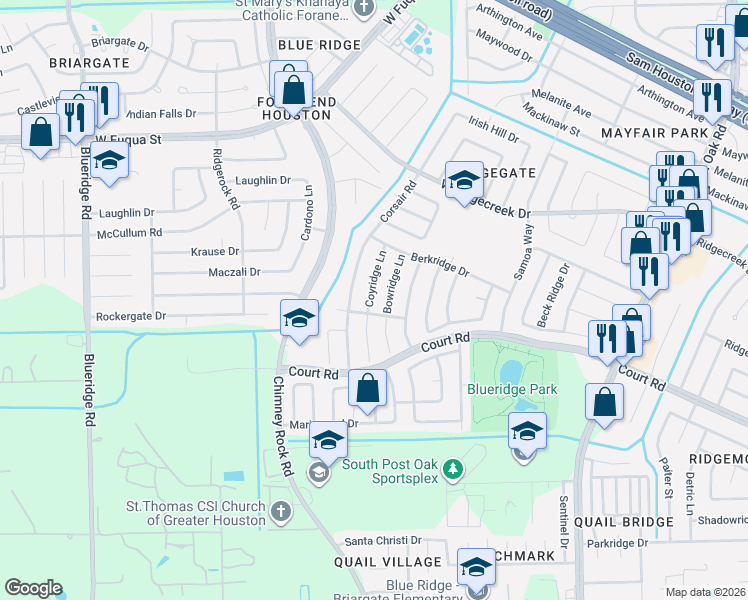 map of restaurants, bars, coffee shops, grocery stores, and more near 16126 Bowridge Lane in Houston