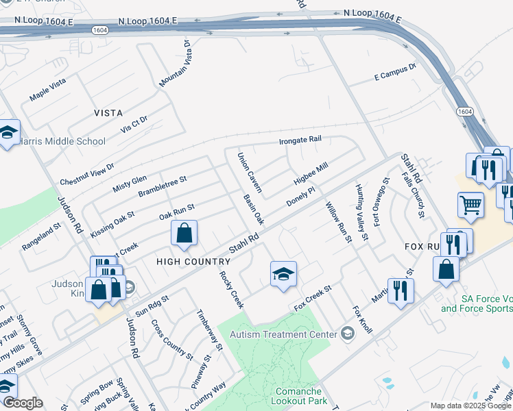 map of restaurants, bars, coffee shops, grocery stores, and more near 16742 Basin Oak in San Antonio
