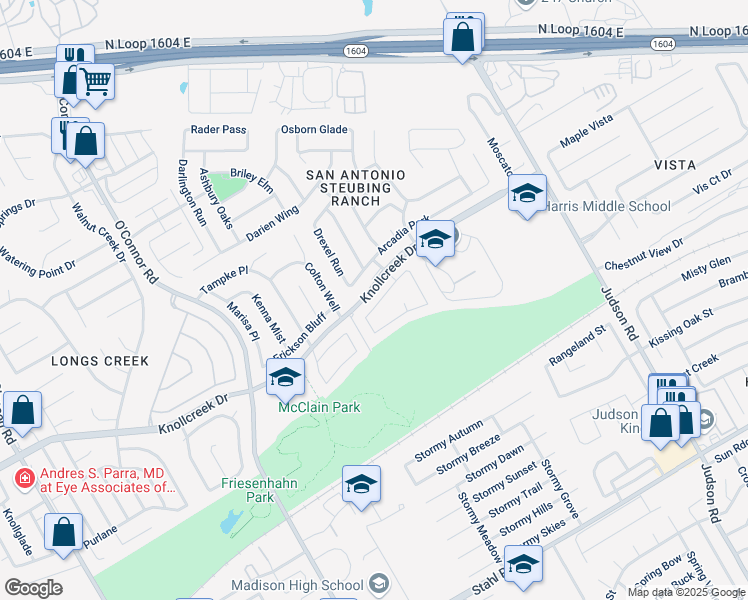 map of restaurants, bars, coffee shops, grocery stores, and more near 15851 Manes Grove in San Antonio