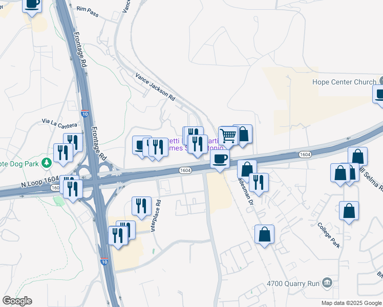 map of restaurants, bars, coffee shops, grocery stores, and more near 5330 North Loop 1604 East in San Antonio