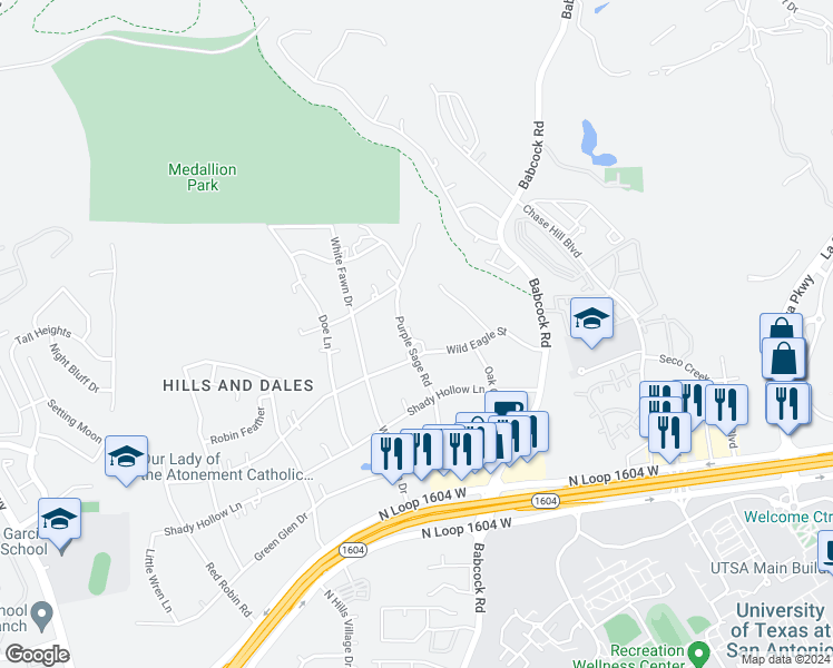 map of restaurants, bars, coffee shops, grocery stores, and more near 7431 Wild Eagle Street in San Antonio