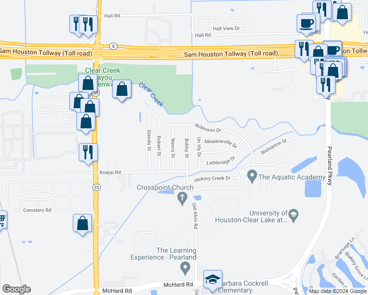 map of restaurants, bars, coffee shops, grocery stores, and more near 1122 Bobby Street in Pearland
