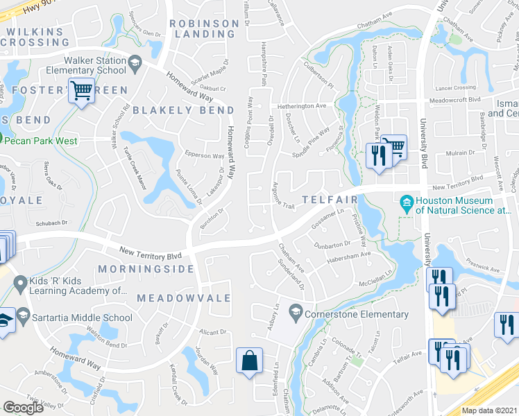 map of restaurants, bars, coffee shops, grocery stores, and more near 1202 Bellingrath Court in Sugar Land