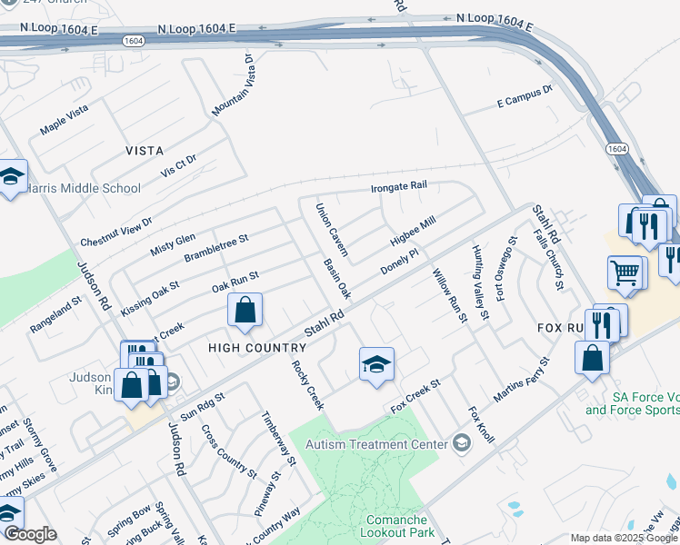 map of restaurants, bars, coffee shops, grocery stores, and more near 16742 Basin Oak in San Antonio
