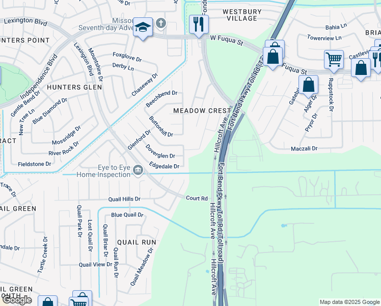 map of restaurants, bars, coffee shops, grocery stores, and more near 2614 Morning Meadow Drive in Missouri City