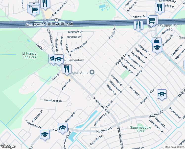map of restaurants, bars, coffee shops, grocery stores, and more near 10430 Sageyork Drive in Houston