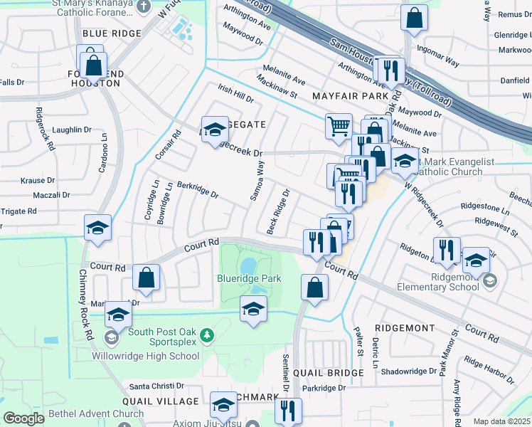 map of restaurants, bars, coffee shops, grocery stores, and more near 16203 Diamond Ridge Drive in Houston