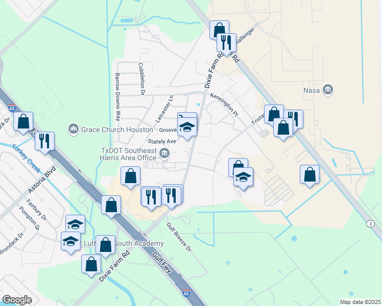 map of restaurants, bars, coffee shops, grocery stores, and more near 730 Farm to Market Road 1959 in Houston