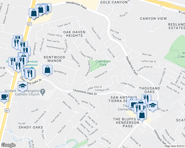 map of restaurants, bars, coffee shops, grocery stores, and more near 2114 Rest Haven Drive in San Antonio