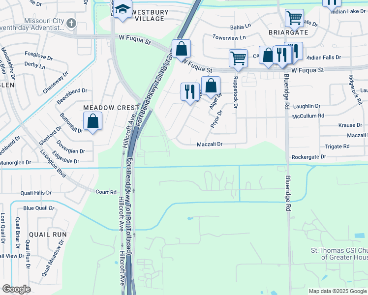 map of restaurants, bars, coffee shops, grocery stores, and more near 15939 Gatebriar Drive in Missouri City