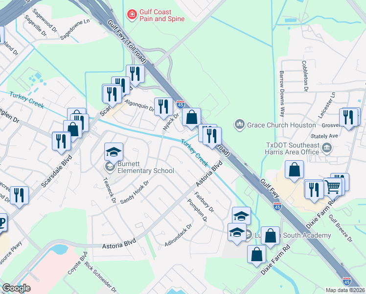map of restaurants, bars, coffee shops, grocery stores, and more near 14170 Gulf Freeway in Houston