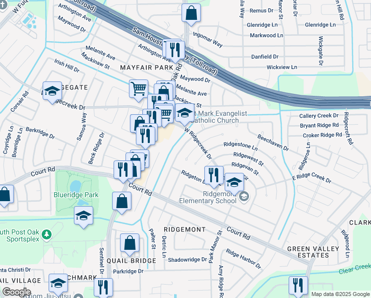 map of restaurants, bars, coffee shops, grocery stores, and more near 5318 Castlecreek Lane in Houston