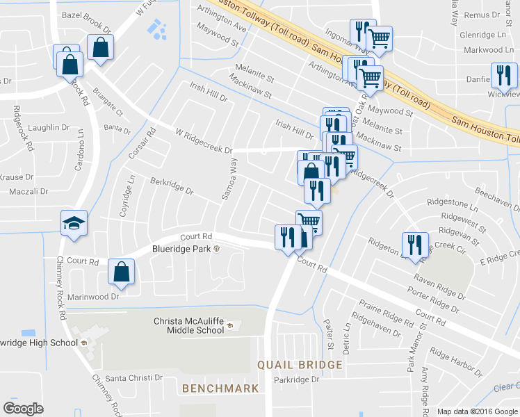 map of restaurants, bars, coffee shops, grocery stores, and more near 16107 Beck Ridge Drive in Houston
