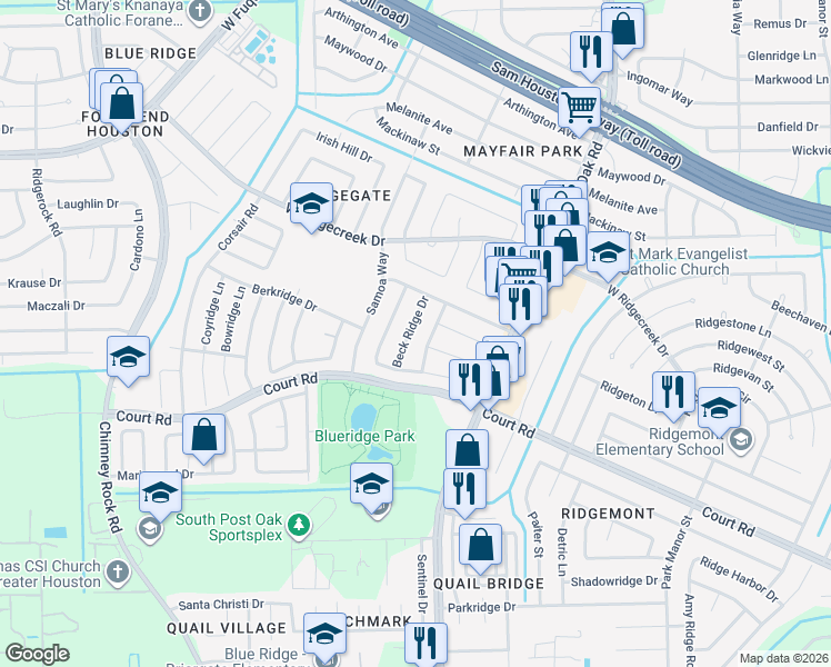 map of restaurants, bars, coffee shops, grocery stores, and more near 16107 Beck Ridge Drive in Houston