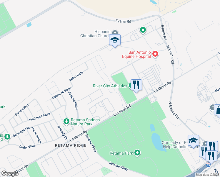 map of restaurants, bars, coffee shops, grocery stores, and more near 16817 Showdown Path in Selma