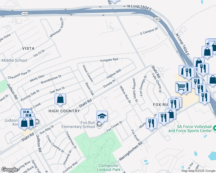 map of restaurants, bars, coffee shops, grocery stores, and more near 6115 Donely Place in San Antonio