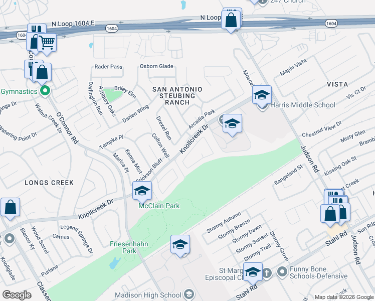 map of restaurants, bars, coffee shops, grocery stores, and more near 15851 Manes Grove in San Antonio