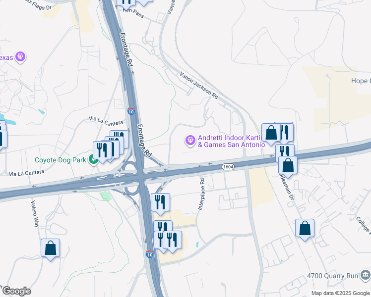 map of restaurants, bars, coffee shops, grocery stores, and more near 5539 North Loop 1604 West in San Antonio