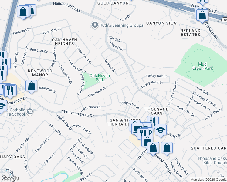 map of restaurants, bars, coffee shops, grocery stores, and more near 2403 Ledge Path Street in San Antonio