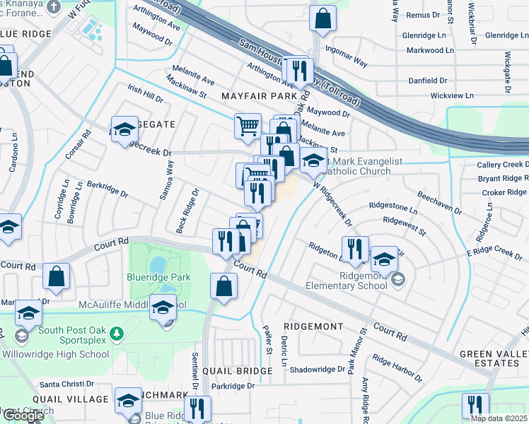 map of restaurants, bars, coffee shops, grocery stores, and more near 15919 South Post Oak Road in Houston