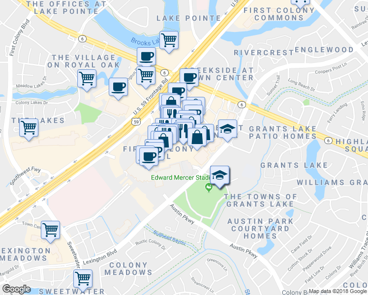 map of restaurants, bars, coffee shops, grocery stores, and more near 2735 Town Center Boulevard North in Sugar Land