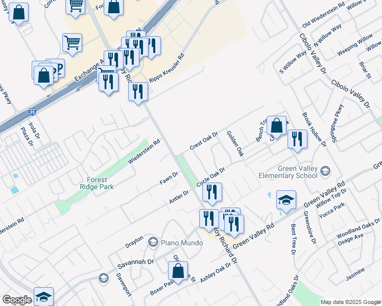 map of restaurants, bars, coffee shops, grocery stores, and more near 4401 Shady Oak Lane in Schertz