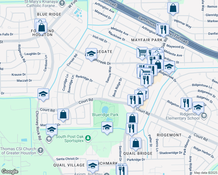 map of restaurants, bars, coffee shops, grocery stores, and more near 16210 Diamond Ridge Drive in Houston