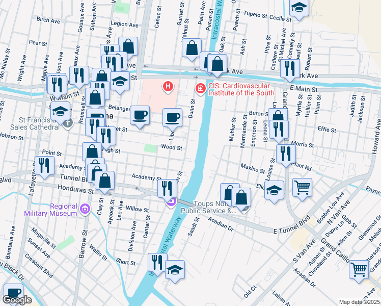 map of restaurants, bars, coffee shops, grocery stores, and more near 629 Dunn Street in Houma