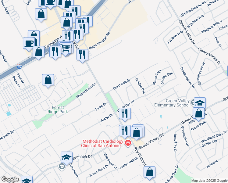 map of restaurants, bars, coffee shops, grocery stores, and more near 4401 Shady Oak Lane in Schertz