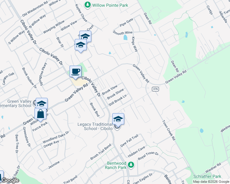 map of restaurants, bars, coffee shops, grocery stores, and more near 136 Brook Stone in Cibolo