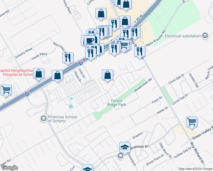 map of restaurants, bars, coffee shops, grocery stores, and more near 4720 Windy Ridge Trail in Schertz