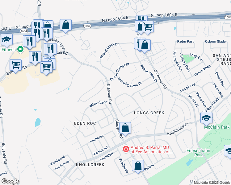 map of restaurants, bars, coffee shops, grocery stores, and more near 15911 Pecan Pass in San Antonio